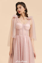V-Neck Ruffle Chffion Sleeves Aline Bridesmaid Dress Dusty Pink Wedding party Dress