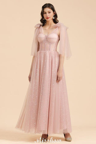 V-Ausschnitt Rüschen Chiffon Ärmel Aline Brautjungfernkleid Altrosa Hochzeitspartykleid