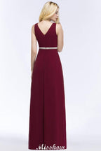 V-neck Ruffled Floor-Length Beading Bridesmaid Dresses A-line Chiffon with Sash