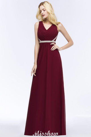 V-Ausschnitt, Rüschen, bodenlang, Perlenbesatz, Brautjungfernkleider, A-Linie, Chiffon mit Schärpe