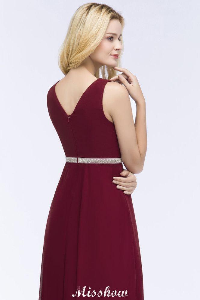 V-neck Ruffled Floor-Length Beading Bridesmaid Dresses A-line Chiffon with Sash