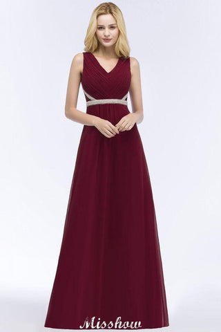 V-Ausschnitt, Rüschen, bodenlang, Perlenbesatz, Brautjungfernkleider, A-Linie, Chiffon mit Schärpe