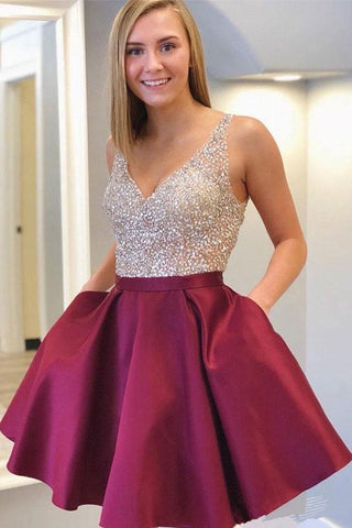 V-Ausschnitt, kurzes, perlenbesetztes Homecoming-Kleid, süßes Cocktailparty-Kleid, PD331