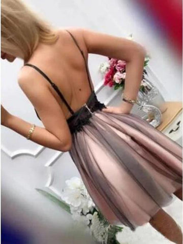 V-Ausschnitt, kurzes Homecoming-Kleid, kurzes formelles Kleid mit Perlen, PD395