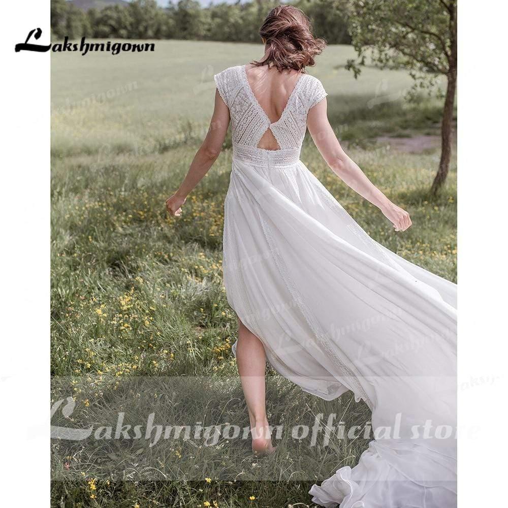 NumberSea V Neck Short Sleeve Backless Lace Chiffon Wedding Dresses