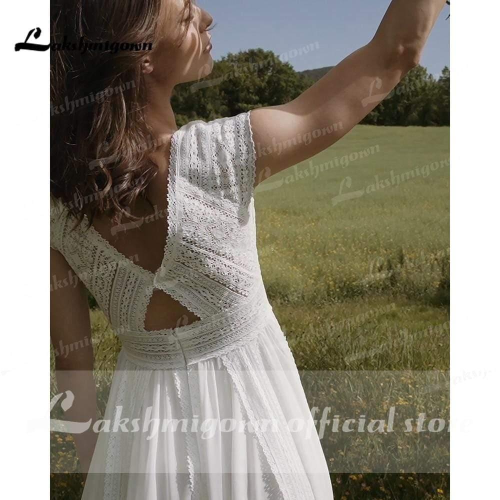 NumberSea V Neck Short Sleeve Backless Lace Chiffon Wedding Dresses