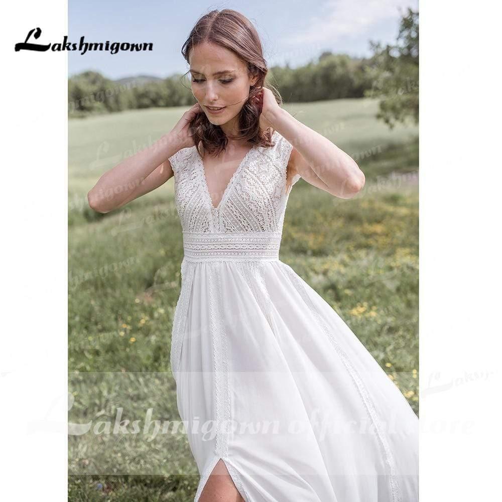 NumberSea V Neck Short Sleeve Backless Lace Chiffon Wedding Dresses