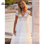 NumberSea V Neck Short Sleeve Lace Appliques Open Back Wedding Dresses