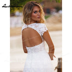 NumberSea V Neck Short Sleeve Lace Appliques Open Back Wedding Dresses