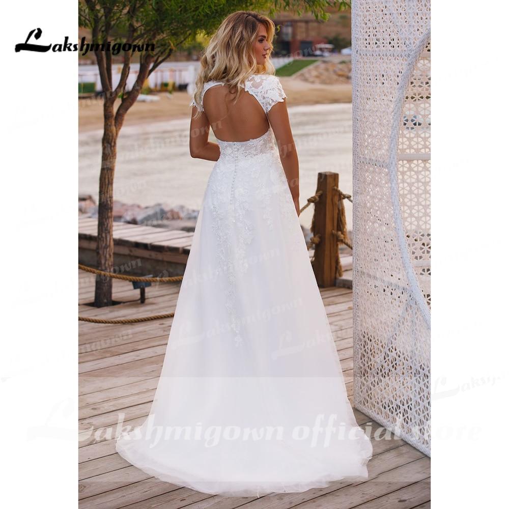 NumberSea V Neck Short Sleeve Lace Appliques Open Back Wedding Dresses