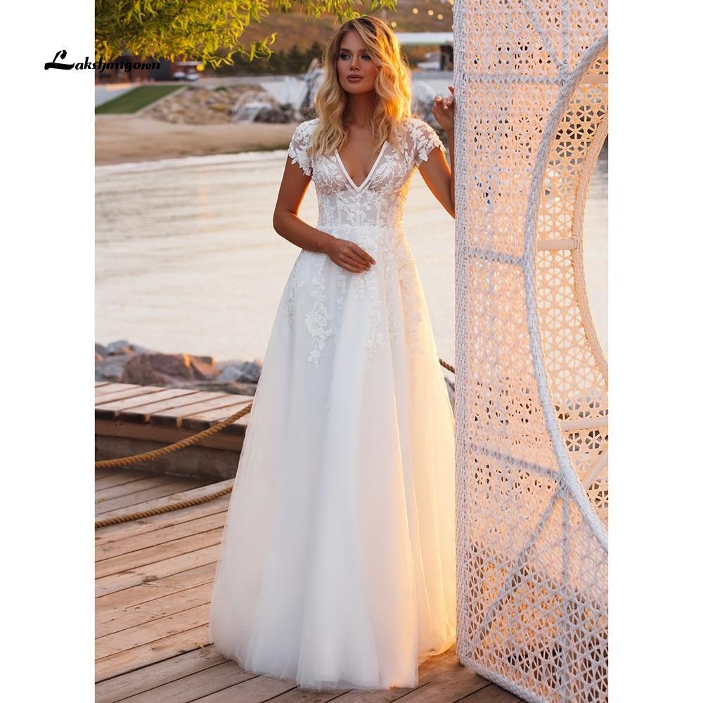 NumberSea V Neck Short Sleeve Lace Appliques Open Back Wedding Dresses