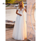 NumberSea V Neck Short Sleeve Lace Appliques Open Back Wedding Dresses