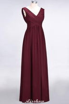 V-Neck Sleeveless Floor-Length Bridesmaid Dress Aline Ruffles Chiffon Party Gown