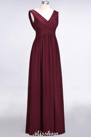 V-Ausschnitt Ärmellos Bodenlang Brautjungfernkleid Aline Rüschen Chiffon Partykleid