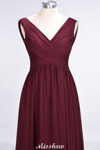 V-Neck Sleeveless Floor-Length Bridesmaid Dress Aline Ruffles Chiffon Party Gown