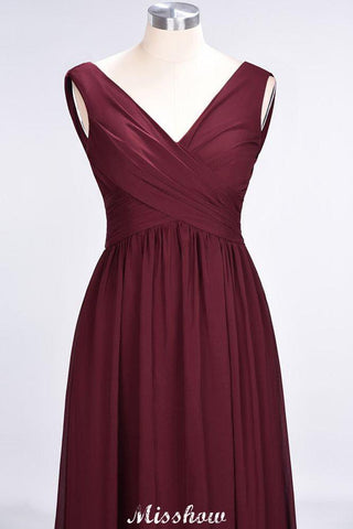 V-Ausschnitt Ärmellos Bodenlang Brautjungfernkleid Aline Rüschen Chiffon Partykleid