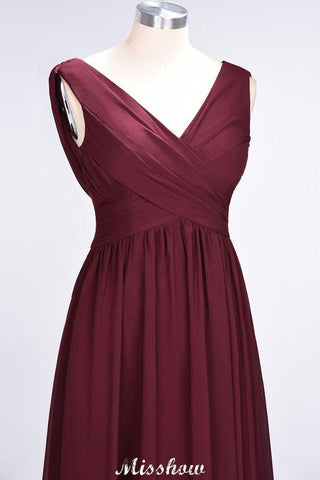 V-Ausschnitt Ärmellos Bodenlang Brautjungfernkleid Aline Rüschen Chiffon Partykleid