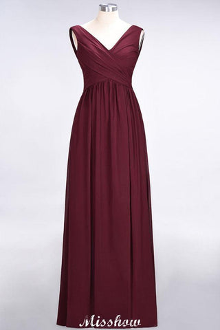 V-Ausschnitt Ärmellos Bodenlang Brautjungfernkleid Aline Rüschen Chiffon Partykleid