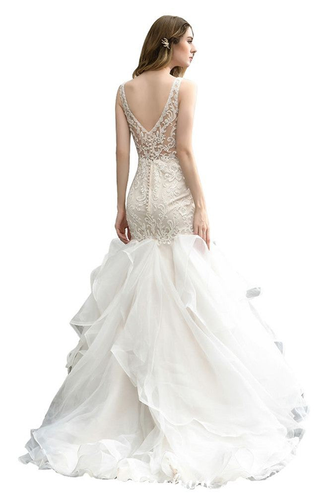 Trägerloses V-Ausschnitt Brautkleid mit Blumen-Spitze, Meerjungfrau-Silhouette, Tüllrock und schmaler Passform für den Garten