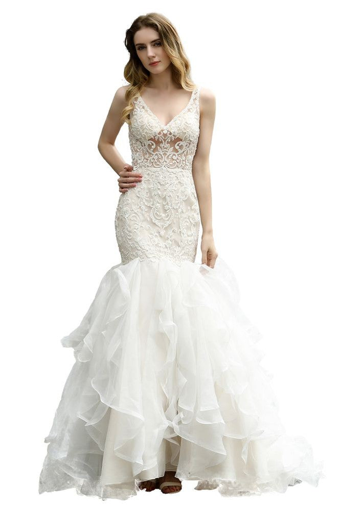 Trägerloses V-Ausschnitt Brautkleid mit Blumen-Spitze, Meerjungfrau-Silhouette, Tüllrock und schmaler Passform für den Garten