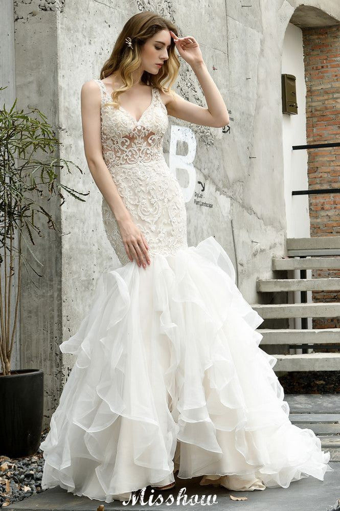 Trägerloses V-Ausschnitt Brautkleid mit Blumen-Spitze, Meerjungfrau-Silhouette, Tüllrock und schmaler Passform für den Garten