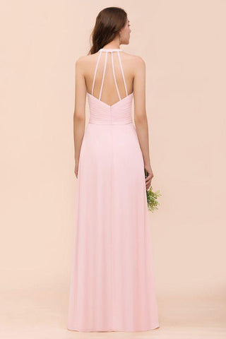Ärmelloses Maxi-Brautjungfernkleid mit V-Ausschnitt, rosa Chiffon-Strandhochzeitskleid