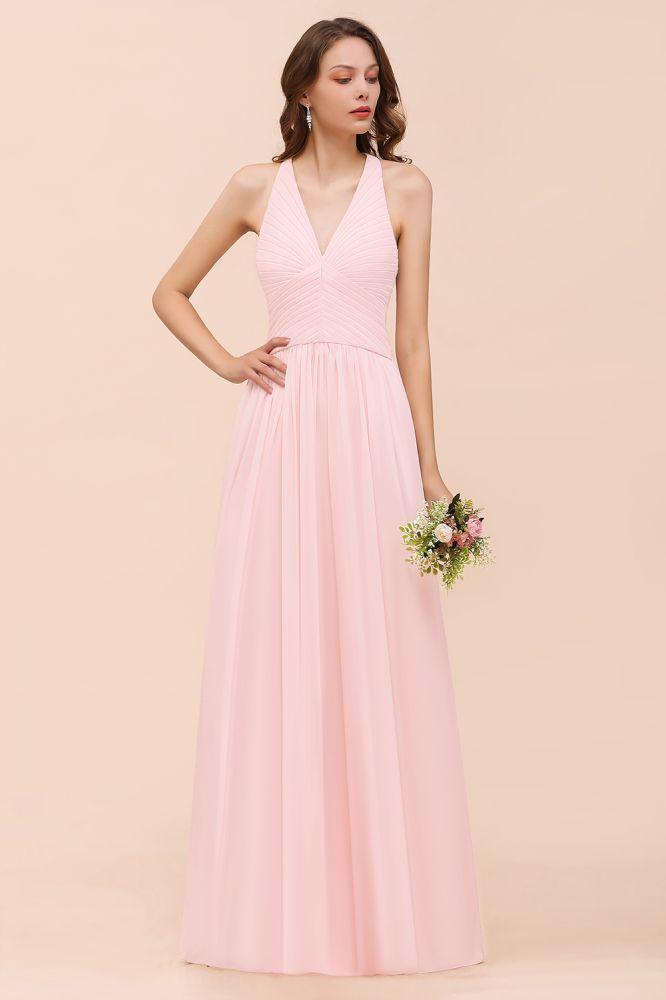 Vestido de dama de honor comprido sem mangas com decote em V e chiffon rosa para casamento na praia