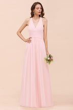Vestido de dama de honor comprido sem mangas com decote em V e chiffon rosa para casamento na praia