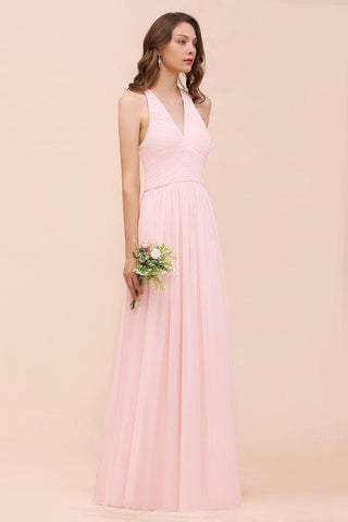 Ärmelloses Maxi-Brautjungfernkleid mit V-Ausschnitt, rosa Chiffon-Strandhochzeitskleid