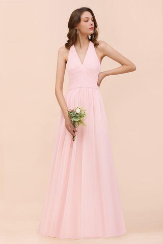 Ärmelloses Maxi-Brautjungfernkleid mit V-Ausschnitt, rosa Chiffon-Strandhochzeitskleid