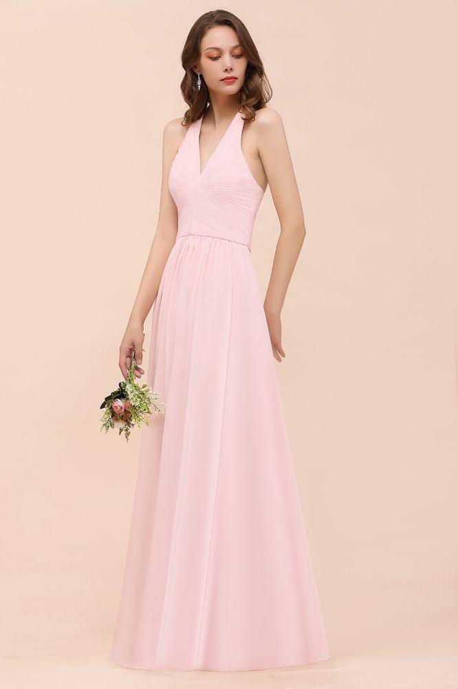 Vestido de dama de honor comprido sem mangas com decote em V e chiffon rosa para casamento na praia