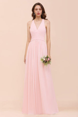 Ärmelloses Maxi-Brautjungfernkleid mit V-Ausschnitt, rosa Chiffon-Strandhochzeitskleid