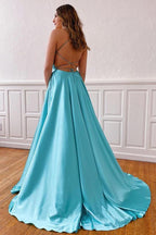 V-neck Sleeveless Split Tiffany Blue Cross Back Prom/Evening Dress PSK225