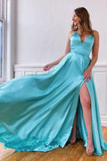 Robe de soirée/grande occasion sans manches à encolure en V et dos croisé fendu bleu Tiffany PSK225