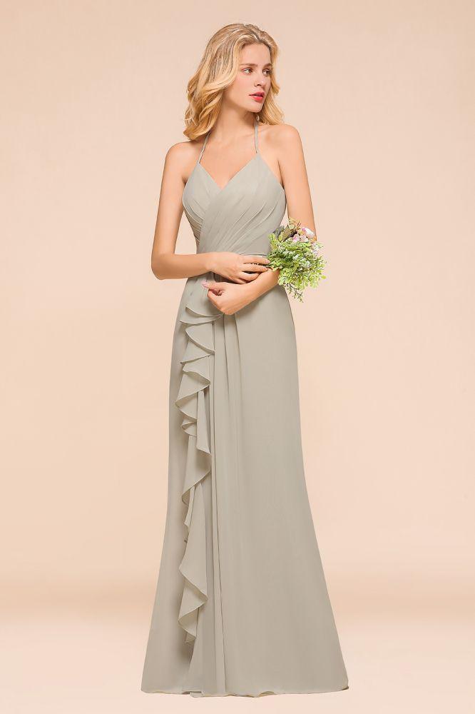 V-Neck Spaghetti Floor Length Folds Bridesmaid Dress
