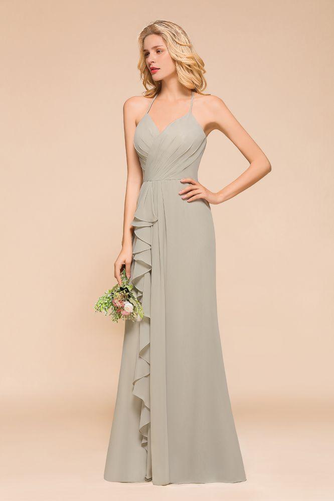V-Neck Spaghetti Floor Length Folds Bridesmaid Dress