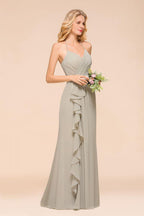 V-Neck Spaghetti Floor Length Folds Bridesmaid Dress