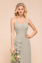 V-Neck Spaghetti Floor Length Folds Bridesmaid Dress