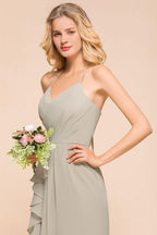 V-Neck Spaghetti Floor Length Folds Bridesmaid Dress