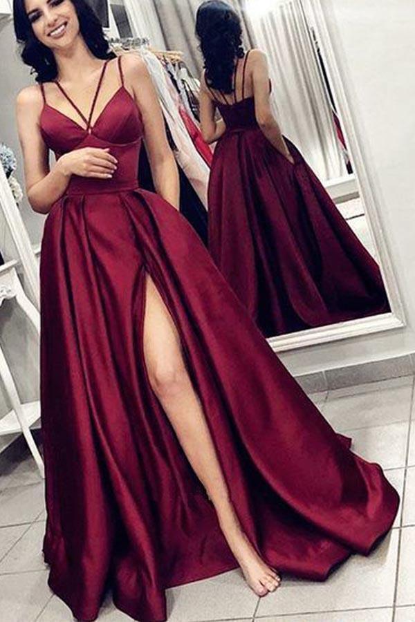 V Neck Spaghetti Straps Burgundy Long Prom Dress with Pockets PG798