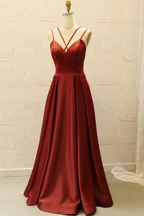 V Neck Spaghetti Straps Burgundy Long Prom Dress with Pockets PG798