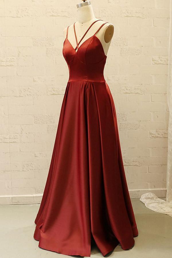 V Neck Spaghetti Straps Burgundy Long Prom Dress with Pockets PG798