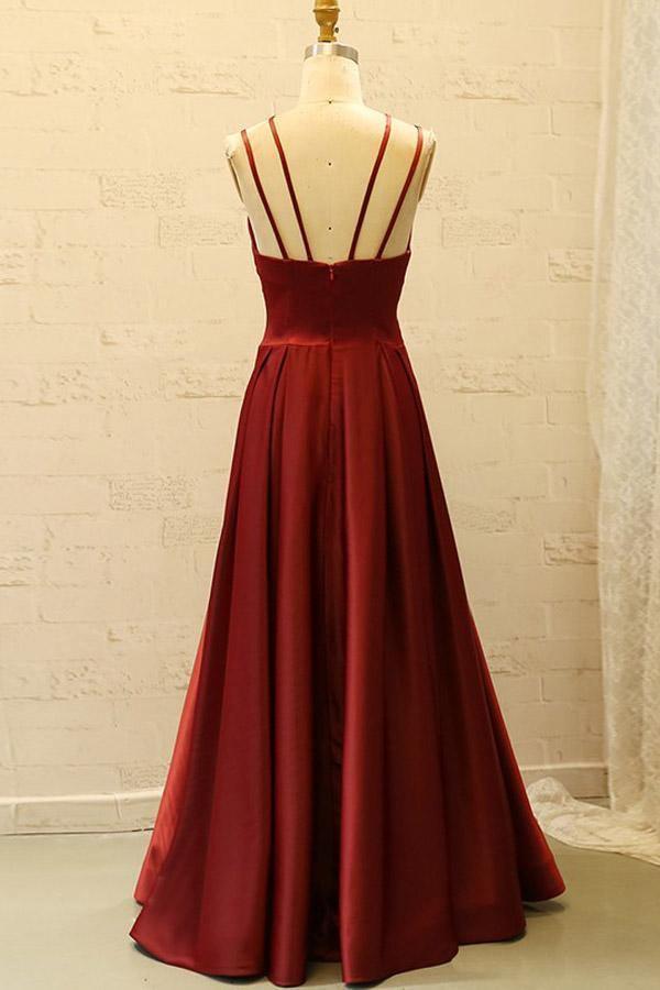 V Neck Spaghetti Straps Burgundy Long Prom Dress with Pockets PG798