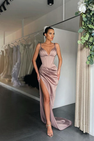 Orange Long Mermaid V-Neck Split Sleeveless Satin Evening Dress