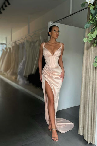 Orange Long Mermaid V-Neck Split Sleeveless Satin Evening Dress