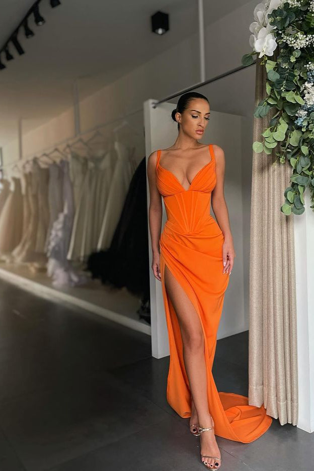 Orange Long Mermaid V-Neck Split Sleeveless Satin Evening Dress