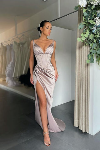 Orange Long Mermaid V-Neck Split Sleeveless Satin Evening Dress