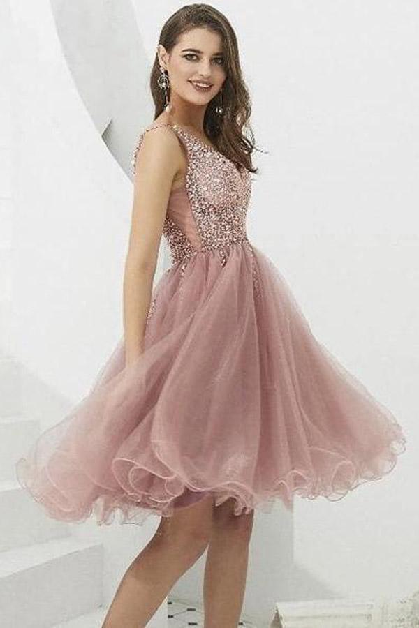 V-neck Tulle with Beaded Short Prom Dresses Homecoming Dresses  PD366