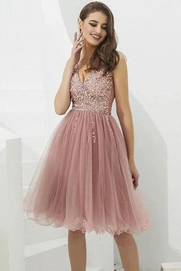 V-neck Tulle with Beaded Short Prom Dresses Homecoming Dresses  PD366