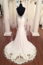 Robe de mariée plage dos nu sirène en dentelle vintage à col en V